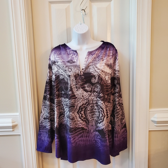 Chico's Travelers Purple and Black Silky Patterned Tunic Sz. 2 - Picture 1 of 8